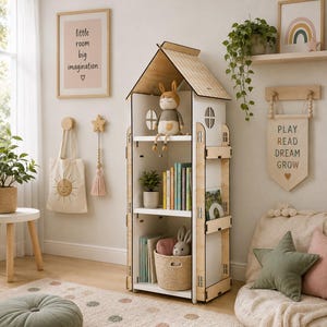 Könnte beinhalten: Ein hohes, hausförmiges Bücherregal aus Holz mit weißem Innenraum und naturfarbenen Holzkanten. Es verfügt über drei Regalböden mit Büchern, einer kleinen Topfpflanze, einem geflochtenen Korb und einem Stoffhasen. Das Dach ist spitz zulaufend.