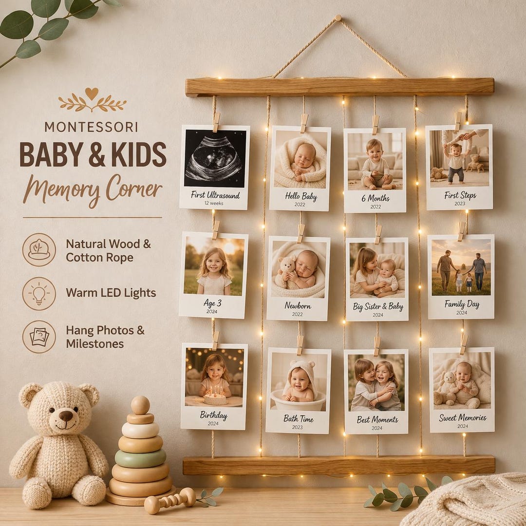 Wooden Baby Memory Photo Display, Montessori Nursery Decor, LED Lights ...