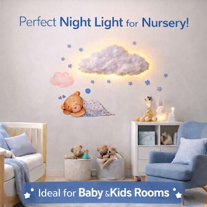 Peut inclure: Une scène de chambre d'enfant avec une veilleuse en forme de nuage, des étoiles décoratives et un autocollant d'ours endormi. Le texte indique "Perfect Night Light for Nursery!" et "Ideal for Baby & Kids Rooms."
