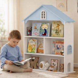 Könnte beinhalten: Ein weißes Holzregal in Hausform mit einem hellblauen Dach. Das Möbelstück verfügt über drei Ebenen mit verschiedenen Kinderbüchern, einem Stiftehalter, einem Plüschbären, einer Schneckenfigur, einem gerahmten Bild und einem kleinen Holzspielzeug.