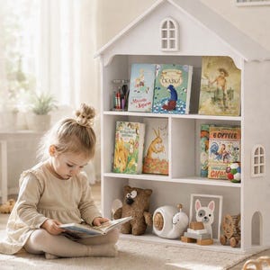Könnte beinhalten: Ein weißes, hausförmiges Bücherregal aus Holz mit drei Regalebenen. Die Fächer enthalten verschiedene Kinderbücher mit bunten Illustrationen, einen braunen Plüschbären, eine weiße Schneckenfigur, einen gerahmten Hundedruck und Holzspielzeug.