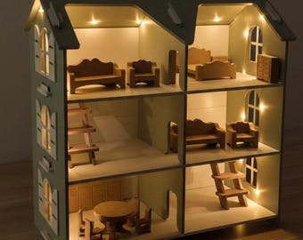 Handmade Wooden Dollhouse with LED Lights & Furniture – Kids Toy for Boys – Minimalist Montessori Doll House – Wooden Play House Gift