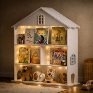 Könnte beinhalten: Ein weißes, hausförmiges Holzregal mit drei Ebenen, beleuchtet durch integrierte Lichterketten. Die Regale enthalten verschiedene Kinderbücher, einen braunen Plüschbären, eine weiße Keramikschnecke, eine Hundefigur und ein Holzspielzeug.