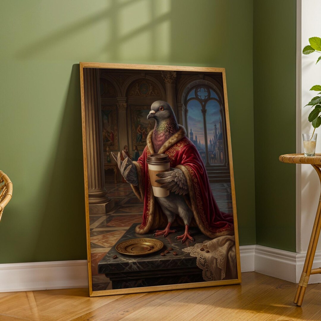 Renaissance Pigeon Portrait – Dapper Bird With Coffee, Crimson Robe ...
