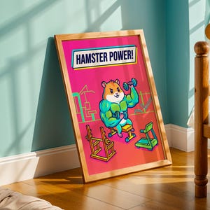 Illustrazione digitale Hamster Power Poster, rosa neon e ciano elettrico