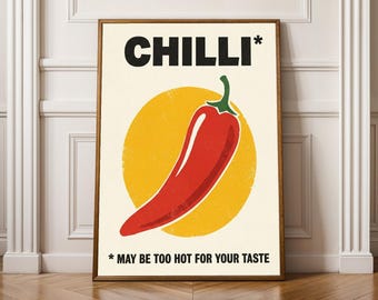 Poster Red Chili Pepper: moderne zeefdruk, rode en gele noodlijdende textuur