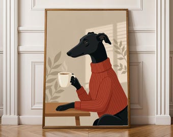 Poster med greyhoundhund som håller kaffemugg - Modern minimalistisk illustration, djupsvart och tegelröd