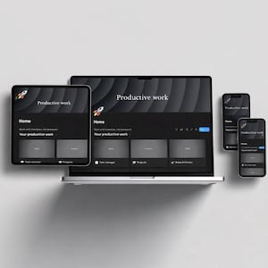 May include: A laptop, tablet, and two smartphones show a dark-themed interface with the text "Productive work." The devices display the same interface, with a rocket logo and the words "Home," "Task manager," and "Projects."