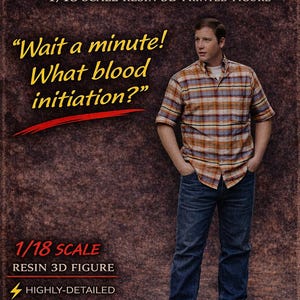 May include: A promotional image for Grindhouse Garage featuring a 1/18 scale resin 3D printed figure. The image includes the text "Wait a minute! What blood initiation?" and details about the figure being highly detailed and unpainted.