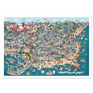 Puede incluir: Un mapa ilustrado y colorido de Torrevieja, España, con representaciones detalladas de edificios, playas y personas. El mapa incluye el texto "Torrevieja, Mi Amor" y presenta una animada escena costera.