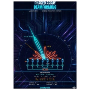 Può includere: Un diagramma tecnico con il titolo "PHASED ARRAY BEAMFORMING" in testo bianco. L'immagine presenta un grafico blu e arancione con formule matematiche e un design di circuito stampato. Il diagramma include testo come "LINEAR ARRAY" e "STEERED RADIATION PATTERN".