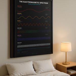 Puede incluir: Un póster negro enmarcado titulado "THE ELECTROMAGNETIC SPECTRUM" con diagramas de ondas coloridas. Una pequeña lámpara de mesa dorada con una pantalla blanca se encuentra sobre una mesita de noche de madera junto a una cama con almohadas blancas.