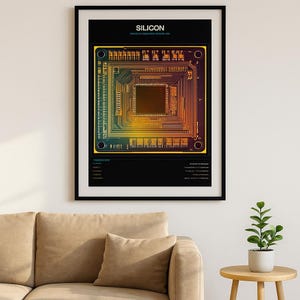 Könnte beinhalten: Gerahmter Kunstdruck mit einer detaillierten Illustration eines Silizium-Mikrochips. Das Kunstwerk zeigt komplizierte Schaltkreise in Gelb-, Orange- und Grüntönen vor einem schwarzen Hintergrund. Das Wort "SILICON" ist oben aufgedruckt.