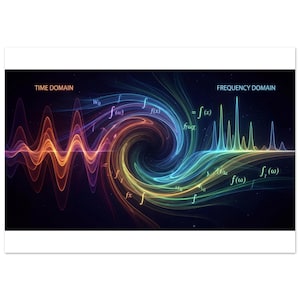 Könnte beinhalten: Abstrakter digitaler Kunstdruck mit einem farbenfrohen Wirbel mit mathematischen Gleichungen und Diagrammen. Die linke Seite zeigt ein Wellenmuster mit der Bezeichnung "TIME DOMAIN", während die rechte Seite ein Frequenzdiagramm mit der Bezeichnung "FREQUENCY DOMAIN" zeigt.