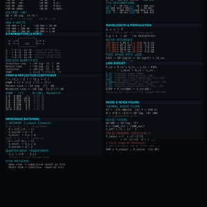 May include: RF Engineer's Cheat Sheet with formulas and data for dB conversions, S-parameters, VSWR, and more. Includes frequency bands, wavelength, and noise figures. Black background with white and teal text.