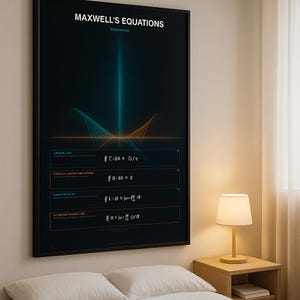 Può includere: Un poster incorniciato con il titolo "Maxwell's Equations" in testo bianco. Il poster presenta uno sfondo scuro con un fascio di luce verticale blu e arancione e formule matematiche. Il poster è esposto su una parete beige.