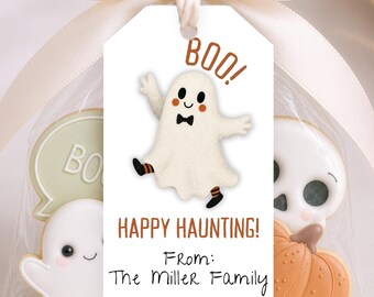 Happy Haunting Halloween Gift Tag | Cute Kid Friendly Ghost Design | Editable Trick Or Treat Favor Label | Classroom Party Treat Bag Tag