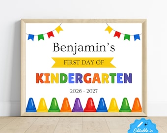 Editable Crayon First Day of School Sign | Back to School Sign Template | Kid's Photo Prop Printable | Preschool, Elementary, Middle School