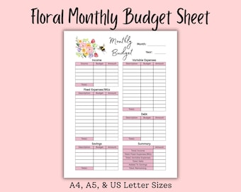 Floral Watercolor Budget Planner Worksheet | Printable Monthly Budget Tracker | Expense Tracker Printable | Personal Finance Planner