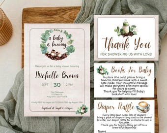 A Baby Is Brewing Coffee Watercolor Baby Shower Invitation Set | Thank You Card Diaper Raffle & Books For Baby Cards | Canva Template