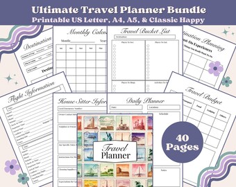 Pack ultime d'agenda de voyage : itinéraire imprimable, organisation de vacances, listes de colisage, budget, journal quotidien et informations sur le gardien d'animaux de compagnie