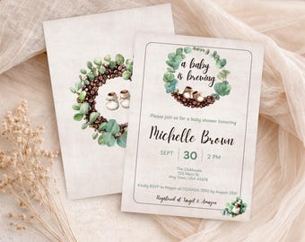 A Baby Is Brewing Coffee Baby Shower Invitation | Watercolor Coffee & Eucalyptus Design | Canva Template