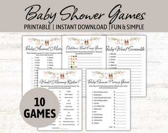 Fun Baby Shower Games Bundle | Printable Bingo, Would She Rather & Advice Cards | Baby Clothesline Design