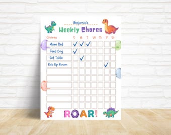 Tableau de corvée de dinosaure pour enfants | Liste de contrôle quotidienne et hebdomadaire à remplir imprimable