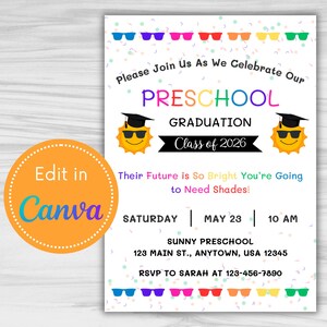 May include: White invitation with colorful text and graphics for a preschool graduation. The text reads "Preschool Graduation Class of 2026" with a sun wearing sunglasses. Includes event details and a Canva logo.