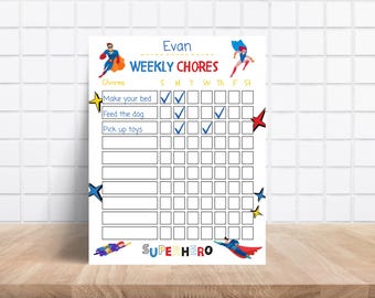 Tableau imprimable des tâches ménagères modifiables pour les enfants | Liste des responsabilités quotidiennes/hebdomadaires pour le préscolaire et le primaire | Thème super-héros