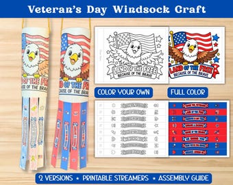 Veterans Day Windsock Craft for Kids | Military Appreciation Coloring Activity |Patriotic Eagle Printable | American Flag Activity |