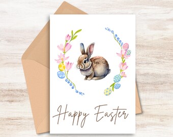 aquarelle heureuse de lapin de Pâques | Carte pliable pastel 5 x 7