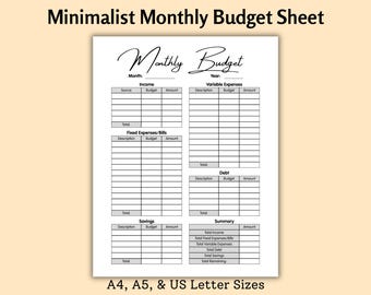 Minimalist Monthly Budget Planner Worksheet | Printable Budget Tracker | Monthly Expense Sheet | Personal Finance Planner | A4 A5 US Letter