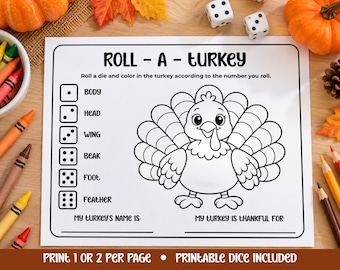 Roll a Turkey Game Printable | Thanksgiving Activity for Kids | Classroom Fall Party | Preschool Fall Page | Dice Game & Coloring Worksheet