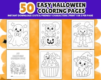 Easy Halloween Coloring Pages Bundle | 50 Cute Printable Coloring Sheets for Toddlers & Kids | Halloween Coloring Book | Fall Party Activity