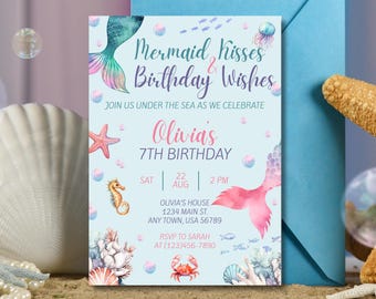 Editable Mermaid Birthday Invitation Template | Mermaid Kisses & Birthday Wishes | Under The Sea Canva Design