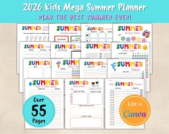 Agenda d'été pour les enfants et les familles 2026 | Modèle d'agenda modifiable sur toile |  Calendrier imprimable Horaire des activités | Camp d'été à la maison