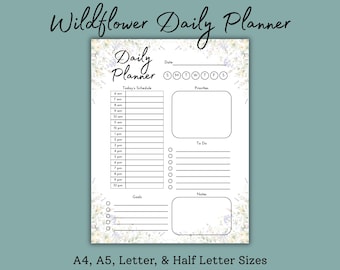 Watercolor Wildflower Daily Planner Pages | Printable Schedule in A4, A5, US Letter & Half Letter | To Do List | Checklist | Work Schedule