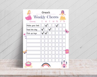 Tableau imprimable des tâches ménagères modifiables pour les enfants | Liste des responsabilités quotidiennes/hebdomadaires pour le préscolaire et le primaire | Princesse sur le thème des contes de fées
