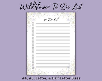 Watercolor Wildflower To Do List Printable | Daily Tasks Planner | A4 A5 Half Letter & US Letter Sizes