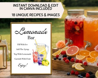 Lemonade Bar Menu & Recipes | Mocktail Drink Station for Graduation, Baby Shower, Bridal Shower, Weddings, Birthday Parties | Canva Template