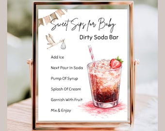 Baby Shower Dirty Soda Bar Signs | Editable Gender Neutral Menu & Mocktails Recipes | Sweet Sips For Baby Canva Template