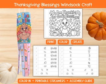 Thanksgiving Blessings Windsock Craft for Kids | Sunday School Fall Activity | Printable Christian Bible Craft  Gratitude Preschool Coloring