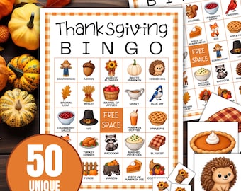 Thanksgiving Bingo Game Printable | 50 Unique Bingo Cards | Kids Thanksgiving Game | Fall Classroom Party Activity | Family Game Night