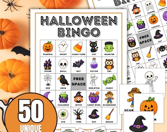 Halloween Bingo Game | 50 Unique Printable Cards for Classroom & Parties | Cute Non Scary Halloween Characters for Kids