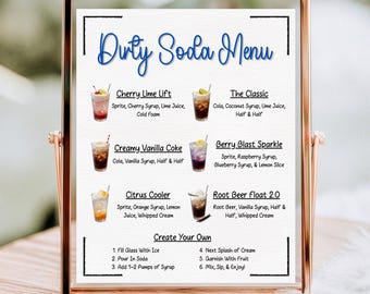 Dirty Soda Bar Sign Bundle | Editable Party & Wedding Canva Templates with Mocktail Recipes and Menu | Perfect for Graduation and Birthdays