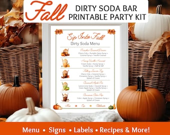 Fall Dirty Soda Bar Printable Party Kit | Editable Menu, Drink Station Sign, Syrup Labels, Recipe Cards | Fall Party Decor for Thanksgiving