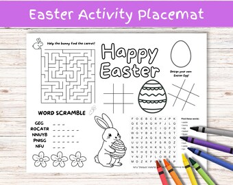 Napperon d'activité de Pâques : labyrinthe d'oeufs, recherche de mots et page à colorier pour les enfants, excellente activité pour la maison, l'école ou l'église