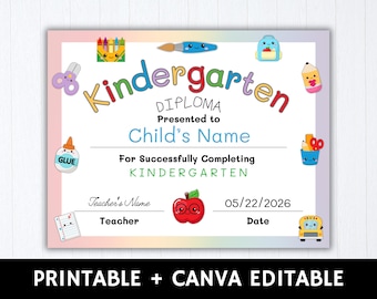 Modèle de certificat d'obtention du diplôme de maternelle | Diplôme de maternelle | Conception de toile modifiable | Dernier jour d'école imprimable