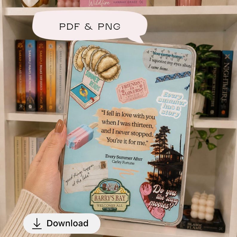 May include: A clear tablet case featuring a collage of stickers including a popsicle, a lake house, a Barry's Bay sign, and text quotes such as "I fell in love with you when I was thirteen, and I never stopped. You're it for me." and "Every Summer After".